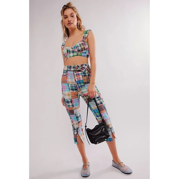 NWT Free People Keep Me Set Two Piece Capri Pants Crop Top Plaid Size 2 - Picture 1 of 12